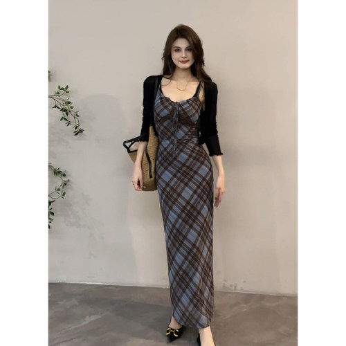 大婷婷 时尚显瘦春夏法式气质格纹吊带长款连衣裙新款DT1897