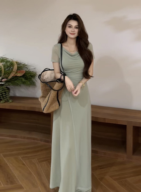 大婷婷 新款荡领收腰显瘦性感夏季褶皱连衣裙两件套长裙DT2156