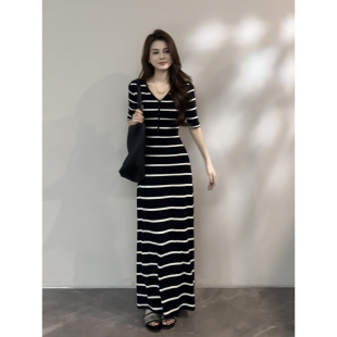黑白条纹撞色五分袖 新款 显瘦长裙休闲连衣裙DT1979 夏季 大婷婷