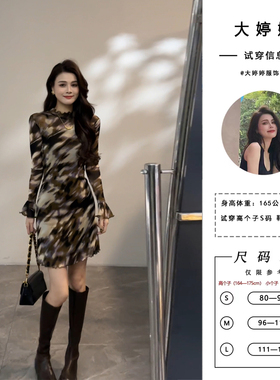 大婷婷 秋冬新款画墨印花气质修身收腰显瘦长袖打底连衣裙DT1655