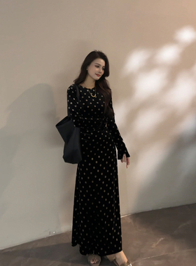 大婷婷 长裙波点绑带黑色显瘦裙子复古时尚秋冬新款连衣裙DT1867