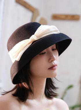 F·G森绿 原创黑色灯罩蝴蝶结草帽女短檐夏季显脸小沙滩帽防晒帽