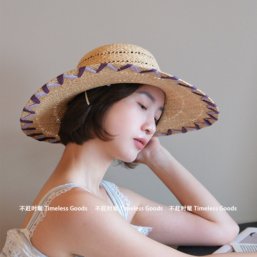 撞色明线大檐拉菲草草帽女夏季海边度假遮阳帽透气镂空显脸大檐帽