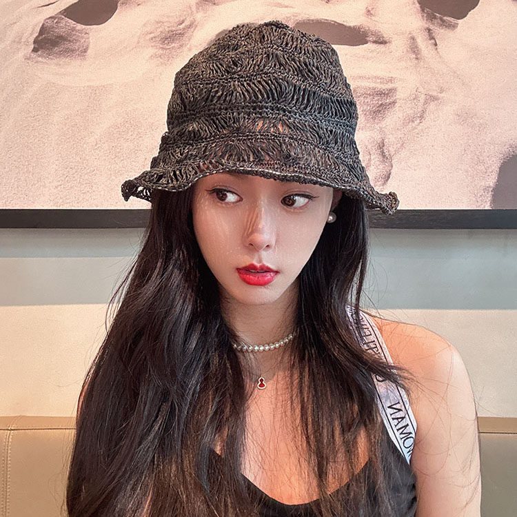 韩国设计草编镂空盆帽女春夏手工编织遮阳防晒帽可折叠出游凉帽