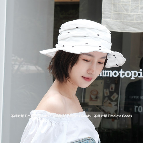 日系褶皱波点渔夫帽女夏轻薄大檐遮阳盆帽可折叠软顶显脸小防晒帽