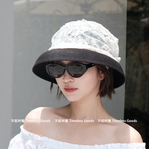 法式复古蕾丝渔夫帽女夏大檐草编遮阳帽复古温柔蕾丝包头防晒盆帽