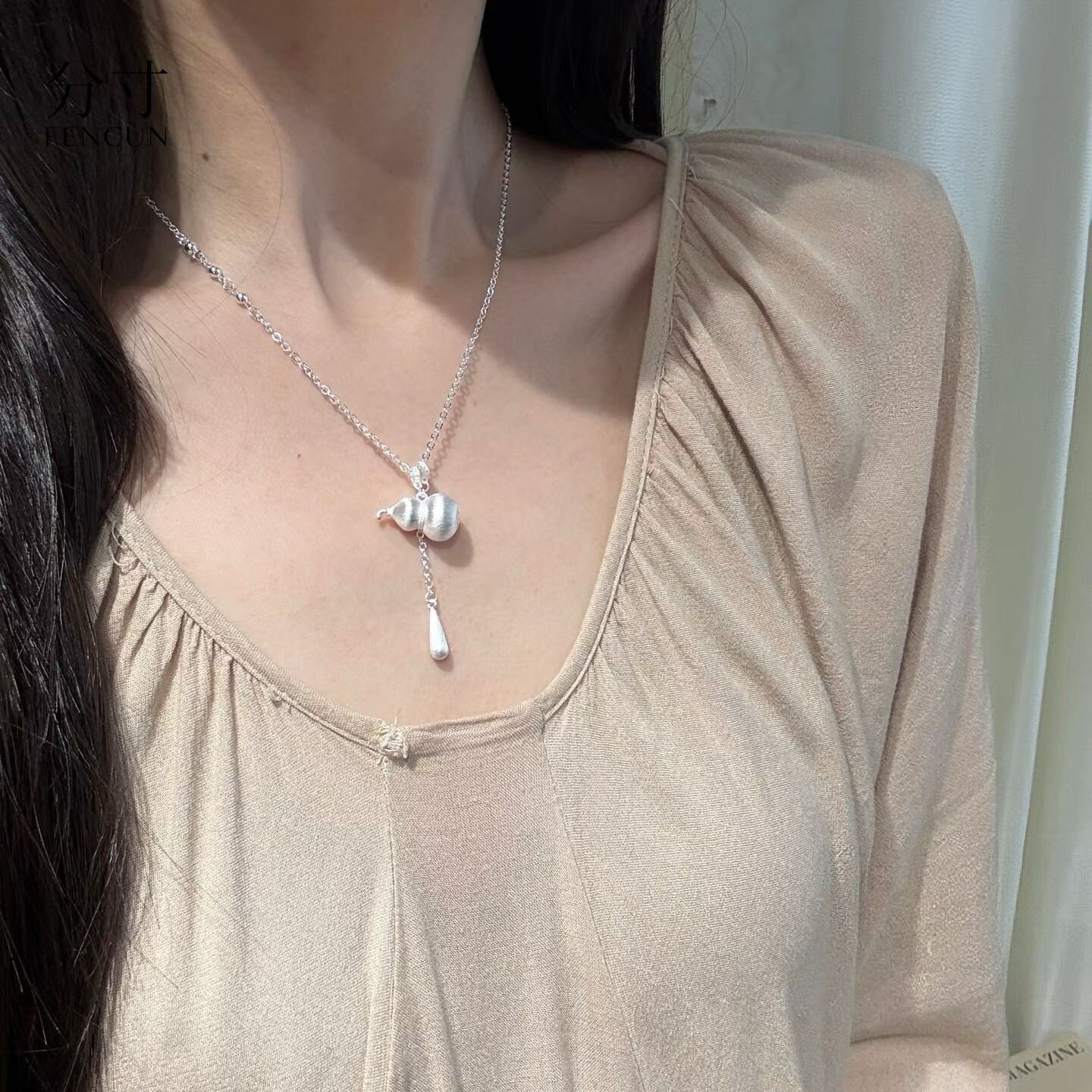 足银9999拉丝葫芦纯银项链新中式气质百搭简约水滴锁骨链女送礼物图片