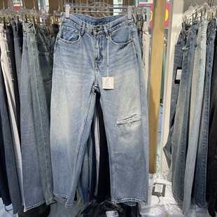 休闲百搭高街男香蕉裤 做旧宽松弯刀浅蓝牛仔裤 重磅春秋款 专柜美式