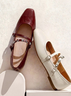 商场同款复古羊皮红色玛丽珍鞋女2026春季新款平底浅口单鞋子F2B1