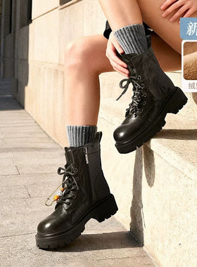 商场同款撤柜厚底真皮英伦风马丁靴女冬款加绒保暖显瘦短靴子E4W1