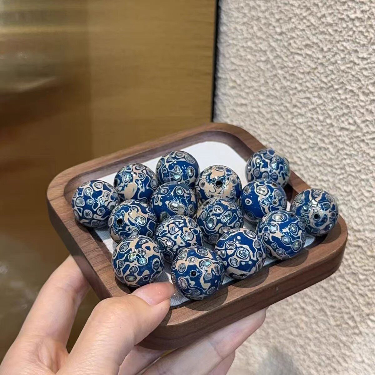 手工螺钿镶嵌大漆珠西雅图蓝色大漆散珠子diy文玩手链项链隔珠