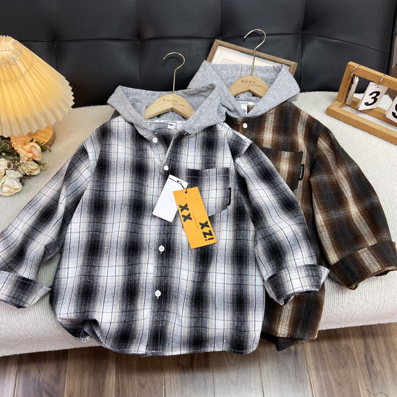 海洋家特价童装 男女童潮款衬衫儿童中大童格子衬衣春季连帽外套