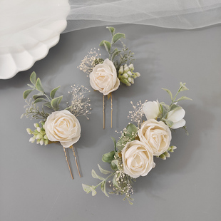 高级感玫瑰花朵仿真花头饰发夹发簪套装新娘结婚纱发饰写真摄影新