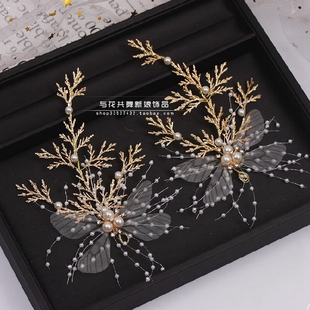 巴洛克金色树枝珍珠花朵韩式新娘软头饰品套装结婚纱礼服配饰发饰