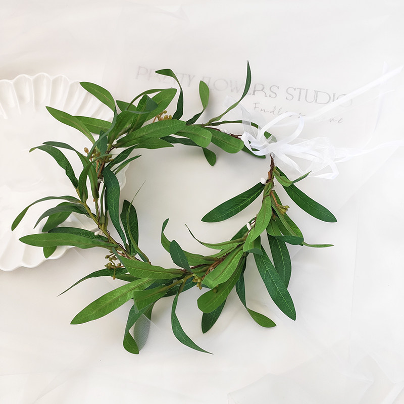森系欧美希腊女神柳叶绿色橄榄叶花环仿真绿植头饰橄榄枝配饰摄影