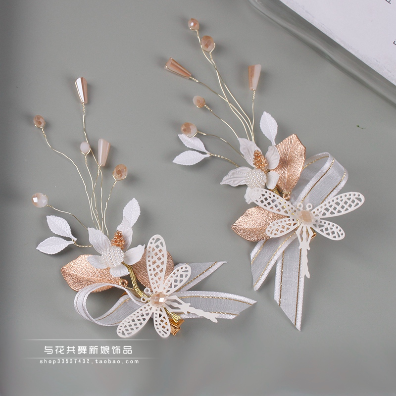 复古森系新娘头饰对夹敬酒服白色