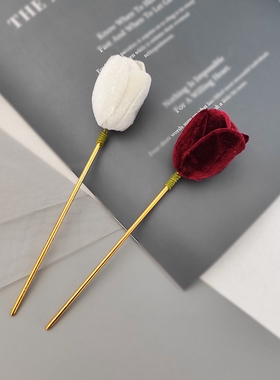 复古简洁绒面酒红色新娘盘发簪子