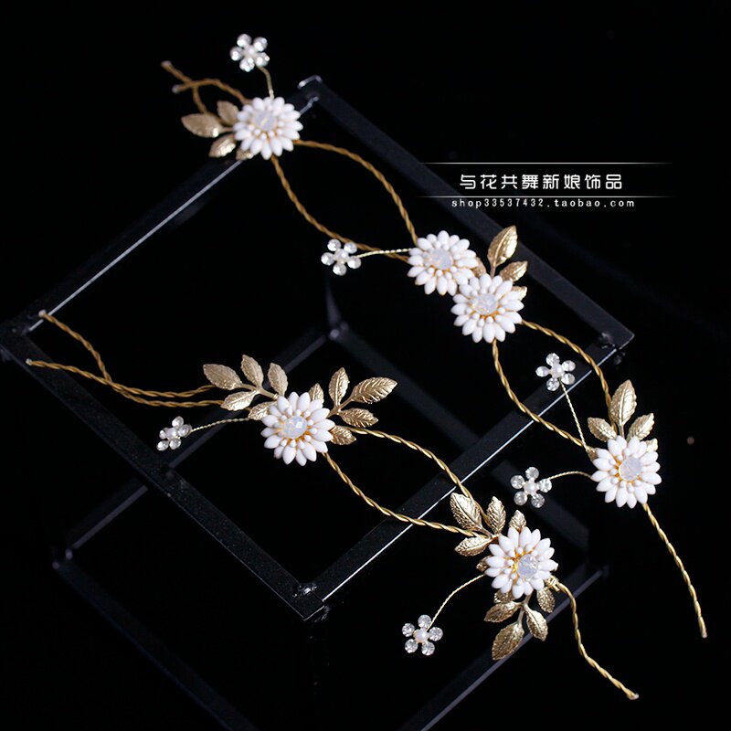 优雅韩式气质白色花朵新娘头饰品二件套装化妆造型发饰新款金属花