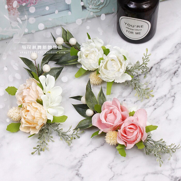 3色入香槟粉色米白森女系玫瑰头花新娘头饰品绿叶浆果发饰