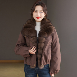 大狐狸毛领可拆卸冬季轻奢白鸭绒羽绒服女短款宽松皮草外套派克服