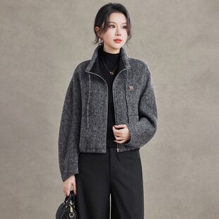 高端双面羊毛大衣女短款小个子宽松立领羊毛呢时尚百搭休闲外套
