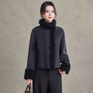 双面羊毛呢2026新款女士秋冬季毛呢大衣拼接保暖宽松版翻领外套