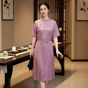 短袖连衣裙女2026夏装奶奶真丝中式改良旗袍中老年大码桑蚕丝裙子