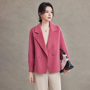 2026秋冬双面羊毛呢大衣女短款小个子宽松赫本风翻领毛呢西装外套