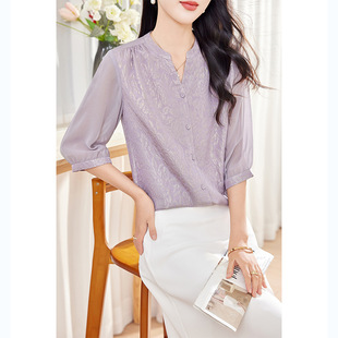 夏款妈妈装2026年新款时尚休闲纽扣开衫女装五分袖紫色桑蚕丝衬衫