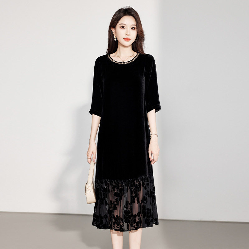 真丝丝绒中袖圆领宽松显瘦气质直筒连衣裙女秋妈妈装优雅桑蚕丝