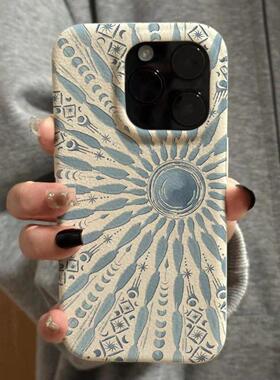 蓝色太阳图腾适用苹果15promax网红新款iPhone16promax手机壳14pro小众12创意13情侣16pro防摔15pro保护套11