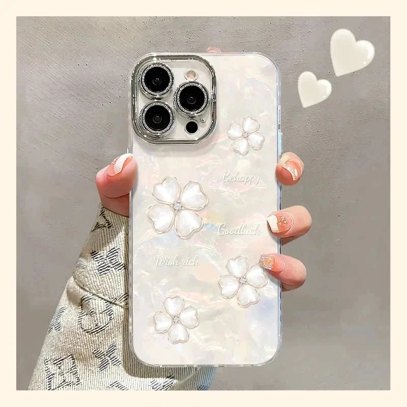 鎏金四叶草适用苹果17promax手机壳新款贝壳纹iPhon16pro时尚创意15pro唯美14P闪粉镜头膜13全包防摔12好看女
