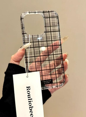 简约黑色格纹适用苹果16promax手机壳iphone14华为mate60pro透明Pura70荣耀300女reno13保护套vivos20小米15