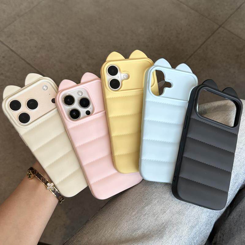 ins简约纯色硅胶立体猫耳羽绒服适用苹果iphone17promax手机壳16pro少女心15pro防摔17pro保护套16新款