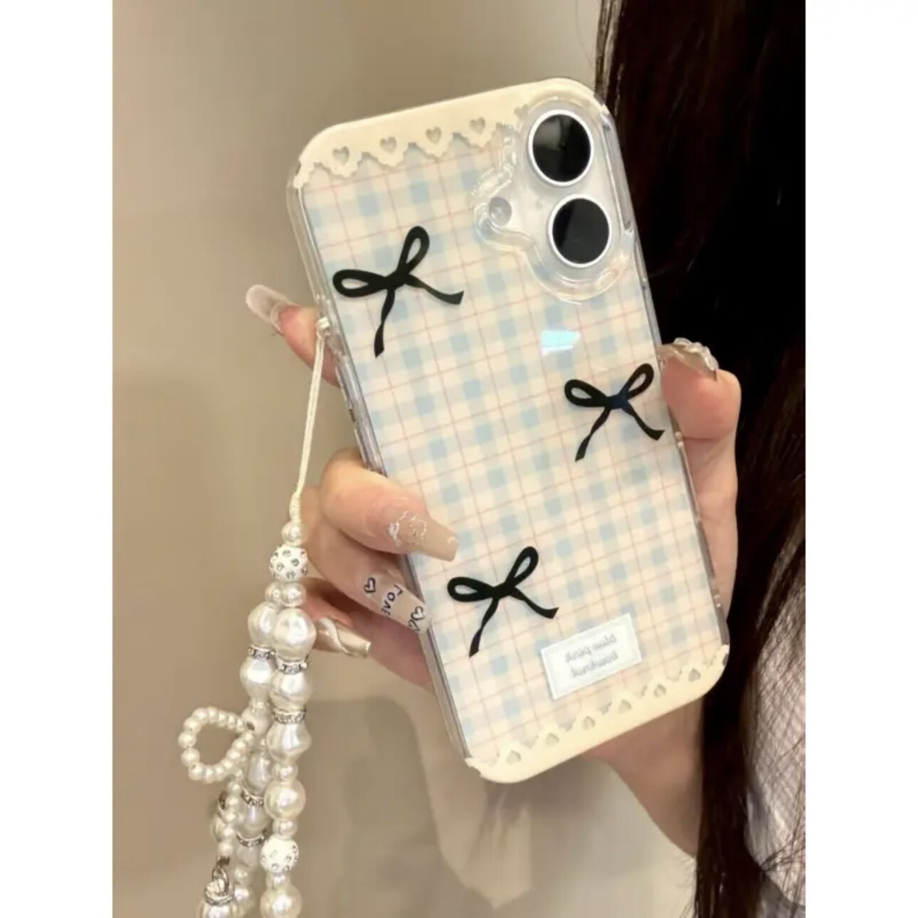 ins蕾丝格子蝴蝶结适用苹果16promax手机壳iphone14华为mate60pro大孔Pura70荣耀300女reno13保护套s20小米15