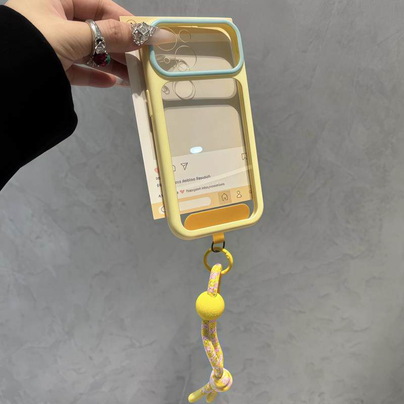 韩系ins黄框透明带挂绳适用于苹果17promax手机壳iphone16pro保护套15p新款17pm简约max手机套i不会撞壳艺术