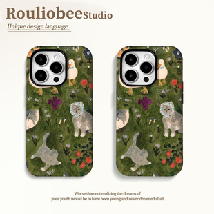 绿油油猫咪适用iphone15手机壳苹果16promax保护套华为Mate70PRO菲林vivoS20小米15磨砂Reno13红米K80荣耀300