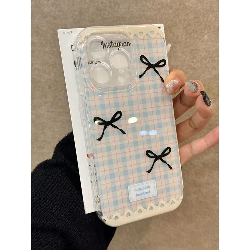 蝴蝶结格子适用iphone15手机壳苹果16promax保护套华为Pura70PRO透明vivox100小米14防摔oppo红米k70荣耀200