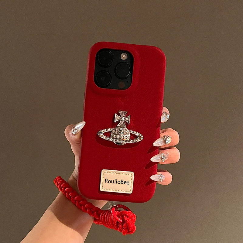 韩系ins皮质荔枝纹立体水钻星球适用iphone15promax苹果16手机壳13女款14pro小众12防摔11挂绳16pro保护套软