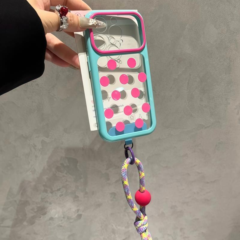 韩系ins波点蒂芙蓝框带挂绳适用于苹果17promax手机壳iphone16pro保护套15p新款17pm简约14透明13防摔12软套