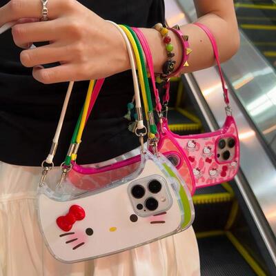 超萌卡通大脸KT猫表情手拎包挂绳适用iphone16promax苹果15手机壳14pro防摔13保护套12女15pro可爱16plus软11