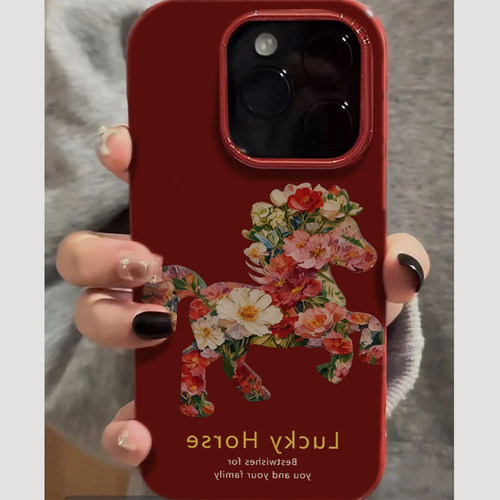ins花卉小马适用苹果16promax手机壳iPhone17pro红色ip15pro新年14女13卡通xsmax新款12防摔11硅胶xr保护套软