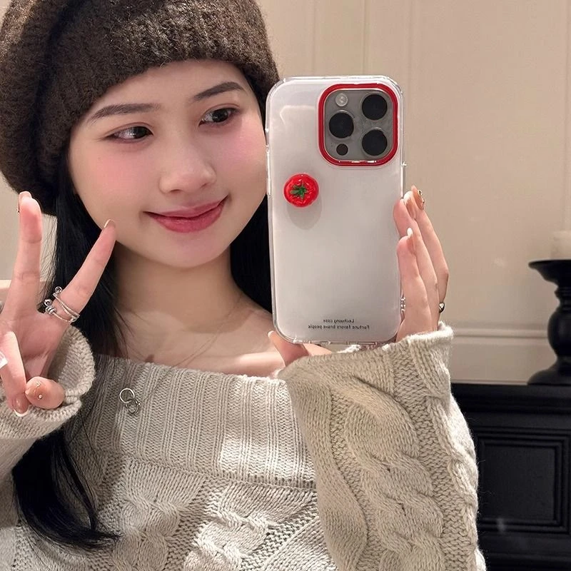 纯色简约带立体西红柿适用苹果16promax手机壳iphone14华为mate60pro大孔Pura70荣耀300女reno13保护套小米15