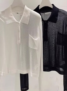MACQNF89361MQ小众设计减龄微透小短款经典Polo领长袖针织罩衫女