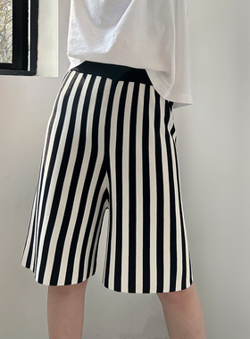 MACQNF新款MQ79018夏季薄款高腰显瘦宽松竖条纹撞色拼接短裤女