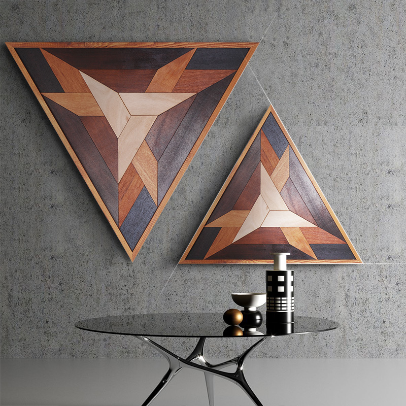 美式风沙发背景墙三角形木拼画