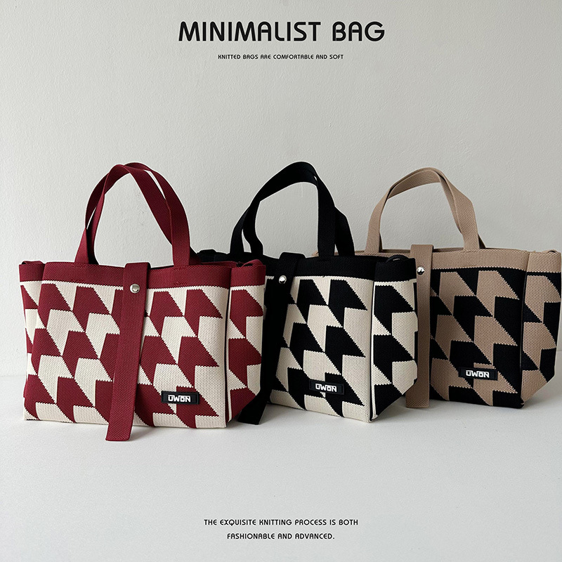 新款黑白箭头针织单肩包手提包女韩版百搭大容量通勤托特包