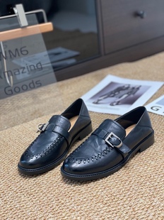 欧货真皮手工牛皮乐福鞋女2026春新款编织皮带扣粗跟一脚蹬小皮鞋