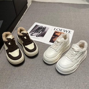 欧洲站女5厘米厚底保暖加绒真皮松糕底板鞋系带加棉运动休闲白鞋