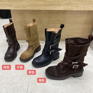 欧货站女鞋2025新款真皮厚底皮带扣马丁靴女英伦风短靴复古中筒靴